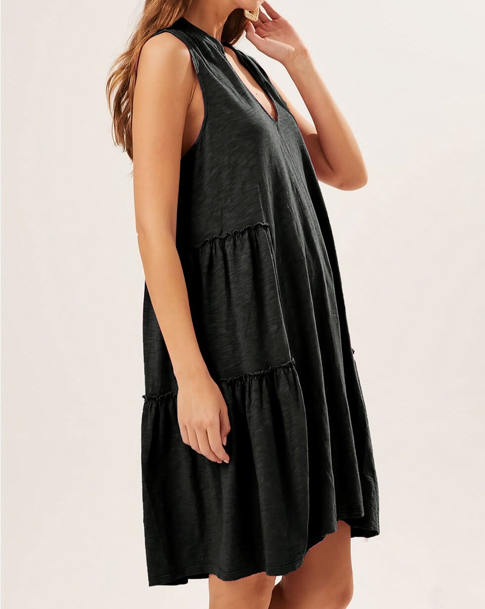 Split V-Neck Tiered Sleeveless Dress