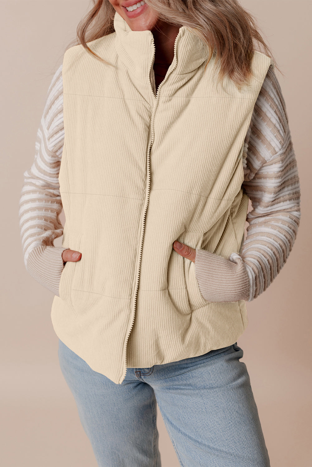 Corduroy Stand Neck Zipped Puffer Vest