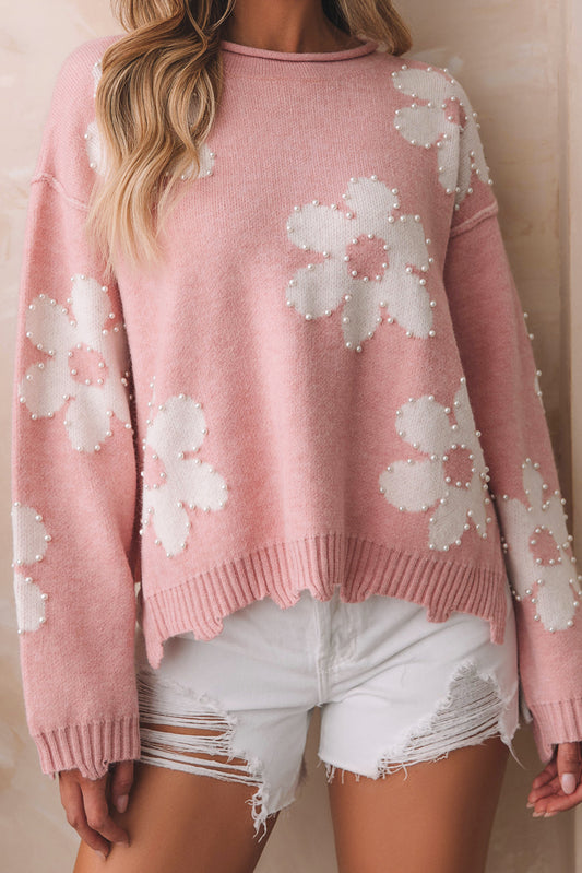 Floral Pearl Drop Shoulder Sweater