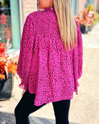 Leopard Puff Sleeve Flowy Blouse