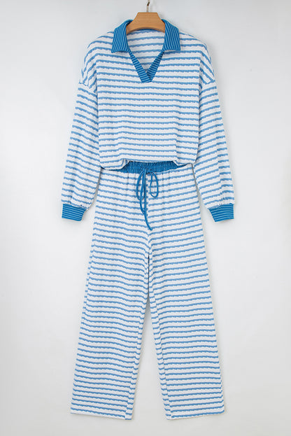 Stripe Collared Top and Drawstring Pants Set