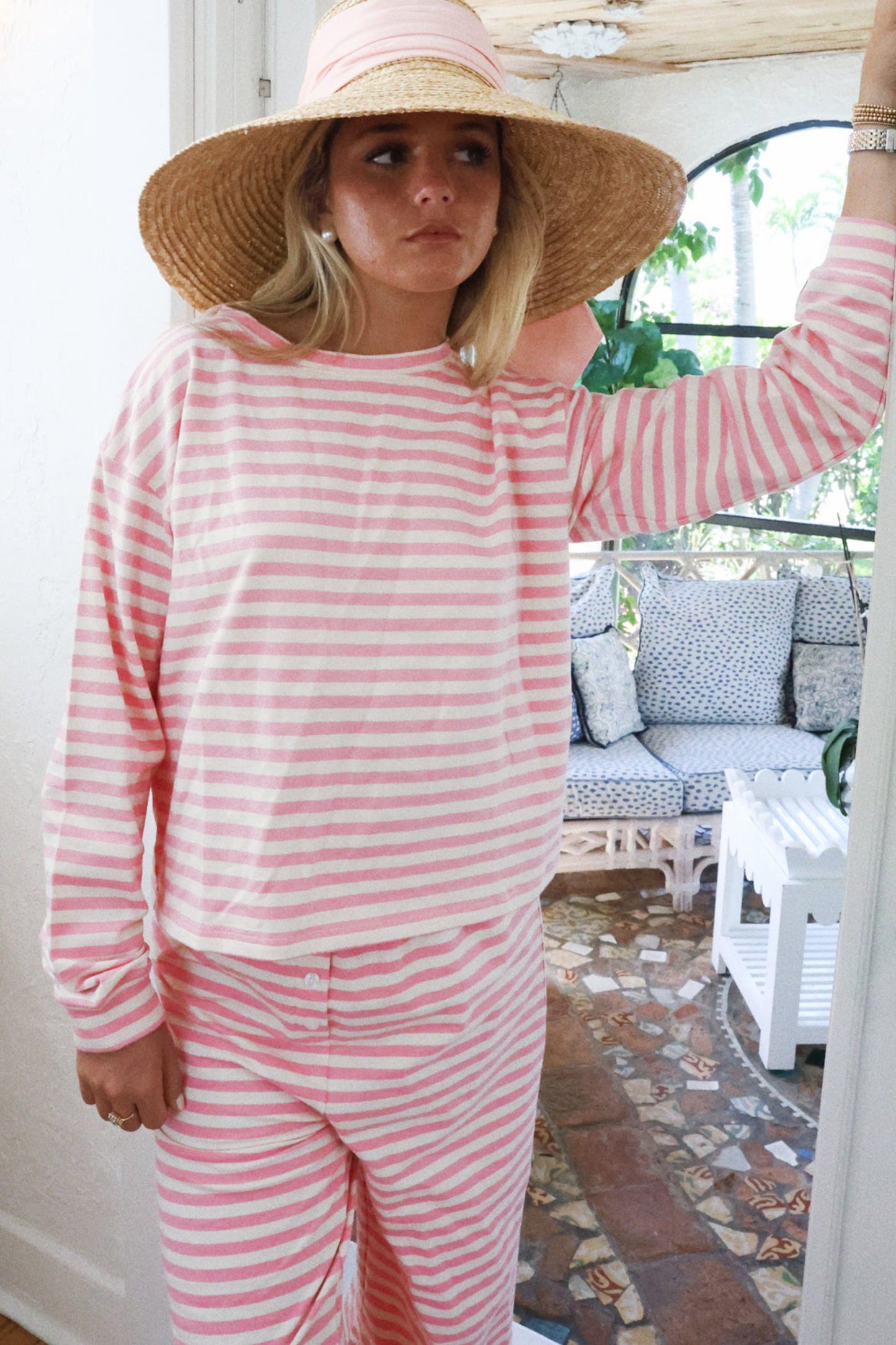 Stripe Drop Shoulder Top & Buttoned Pants Set