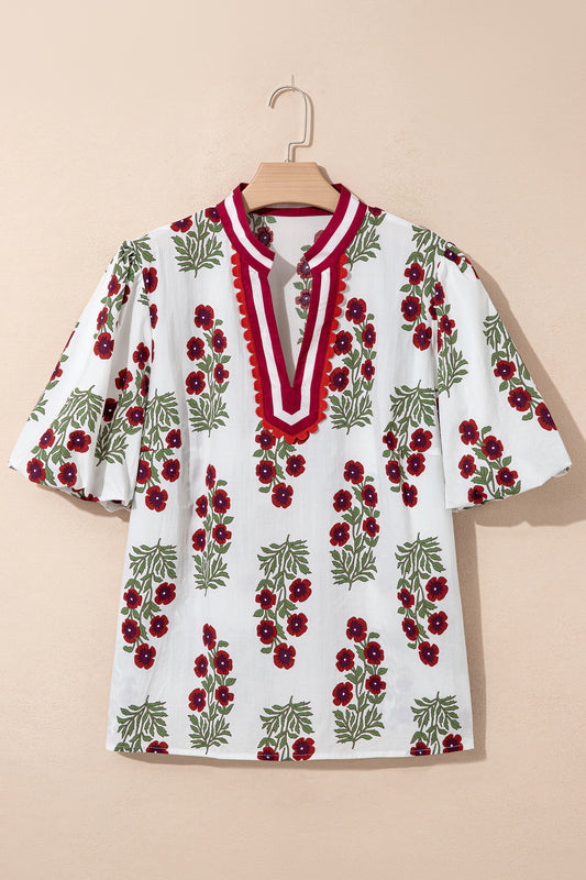 Plus Size Floral Ricrac Trim Short Sleeve Blouse