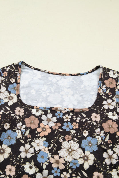 Leopard & Floral Square Neck Long Sleeve T-Shirt