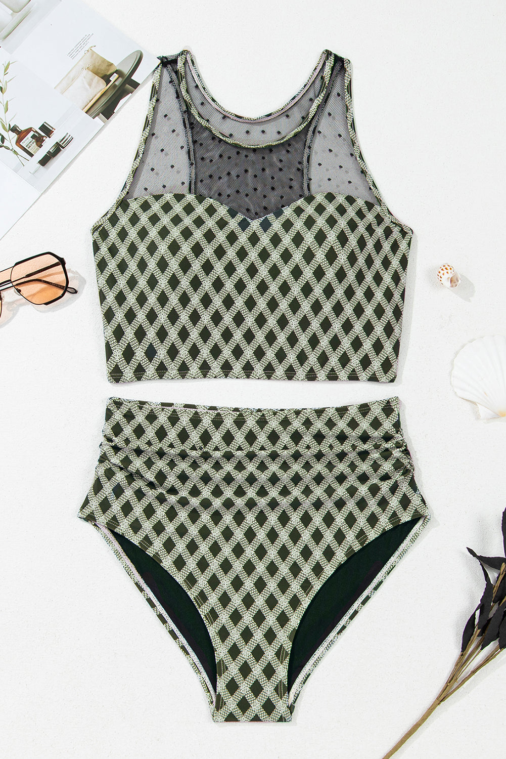 Plaid Dotted Mesh Top & High Waist Bikini Set