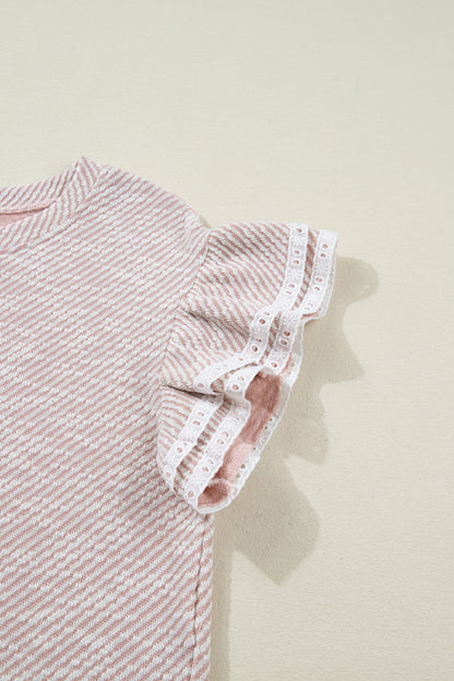 Stripe Lace Ruffle Short Sleeve Twill Blouse