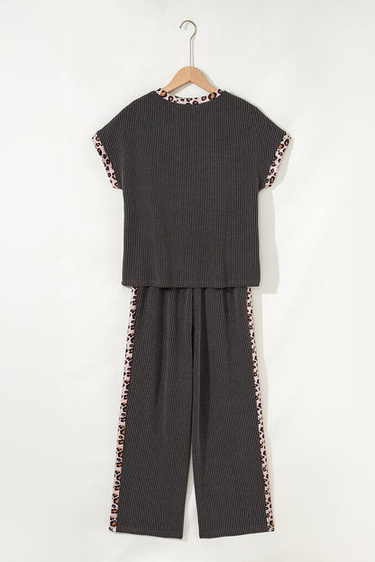 Leopard Patchwork Corded Knit Top & Crop Pants Set