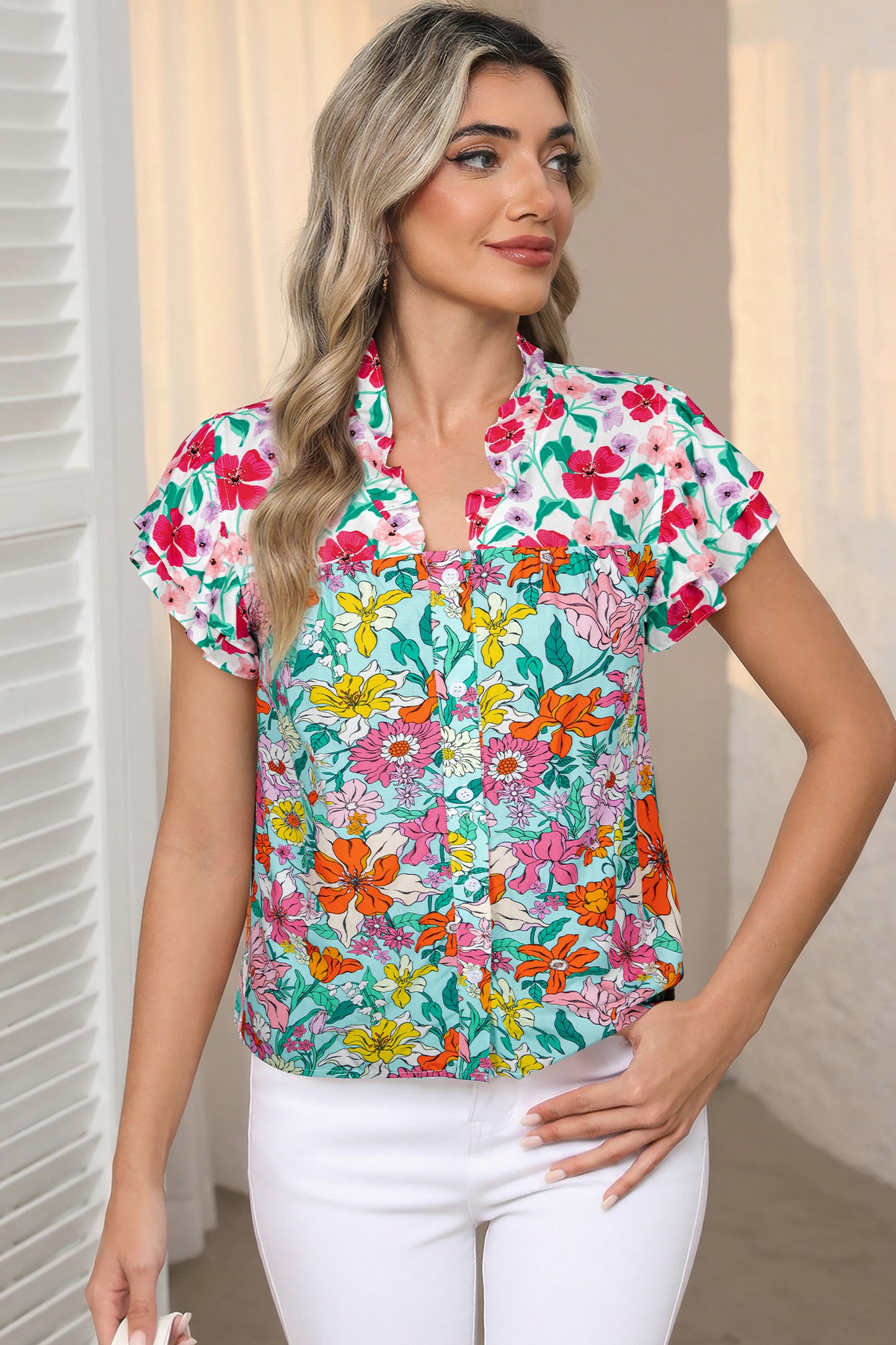 Floral Flutter Sleeve Split Neck Buttoned Blouse