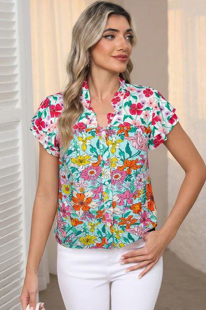 Floral Flutter Sleeve Split Neck Buttoned Blouse