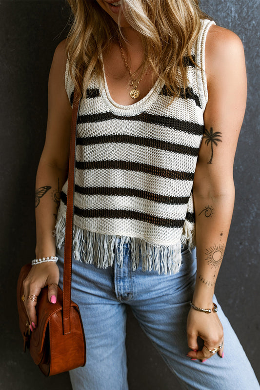 Stripe  Fringe Scoop Neck Top