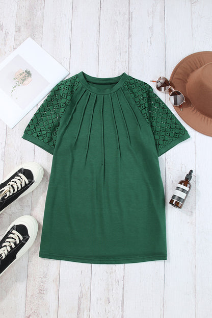 Lace Raglan Sleeve Pleated Tee