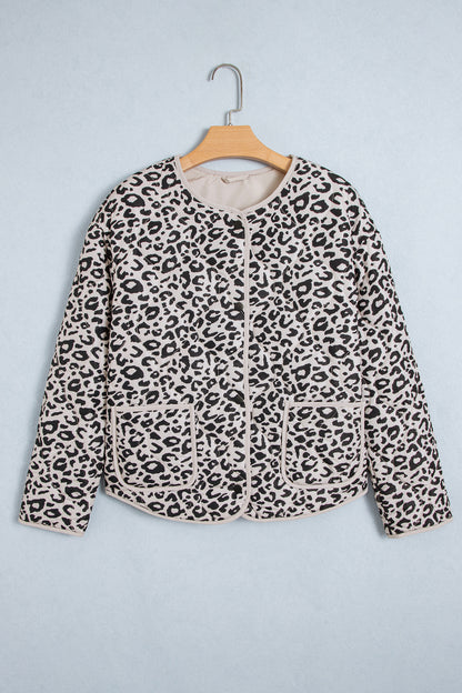 Leopard Patch Pocket Quilted Button Up Jacket