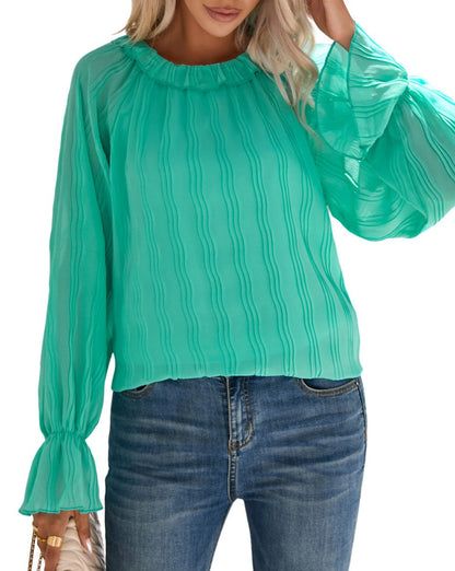 Pleated Flared Long Sleeve Blouse