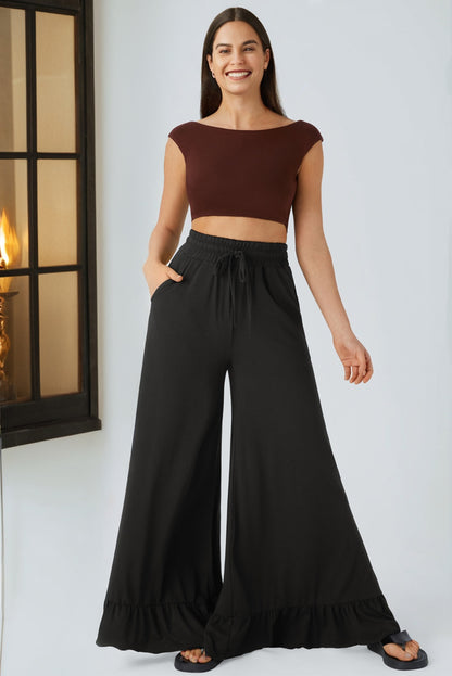 Solid Ruffle Wide Leg High Waist Pants