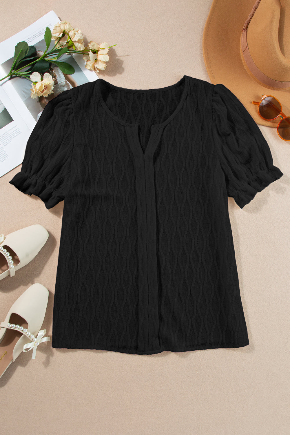 Solid Textured Notch Neck Puff Sleeve Blouse