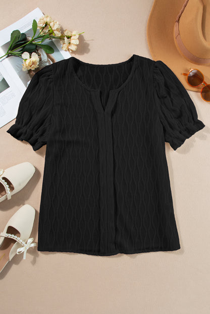 Solid Textured Notch Neck Puff Sleeve Blouse