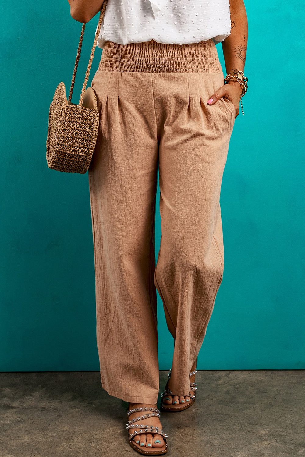 Smocked Waist Loose Straight Pants