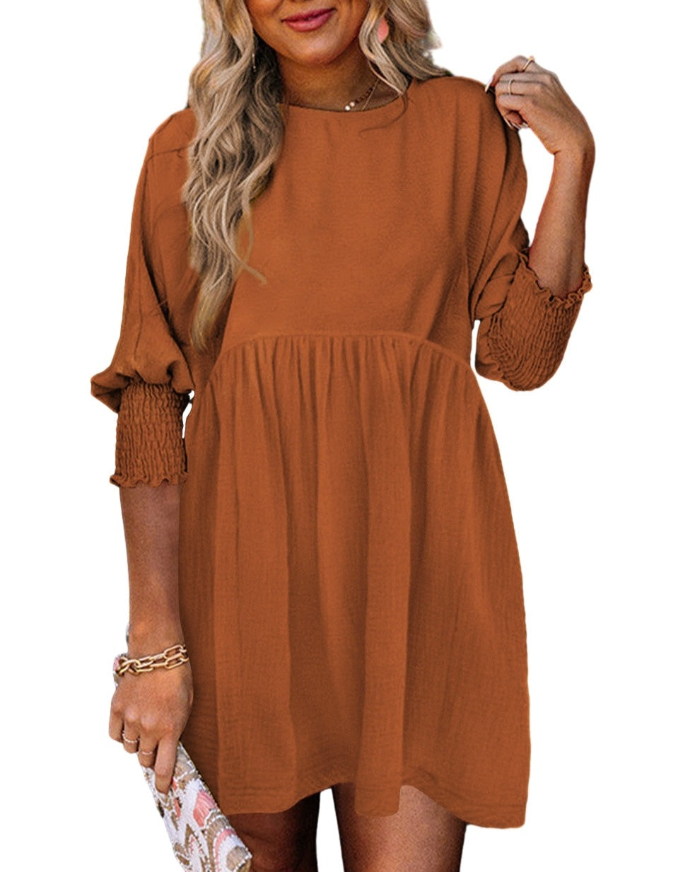 Smocked 3/4 Sleeve Babydoll Dress