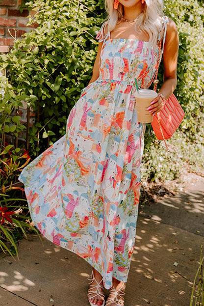 Abstract Smocked Flowy Maxi Sundress