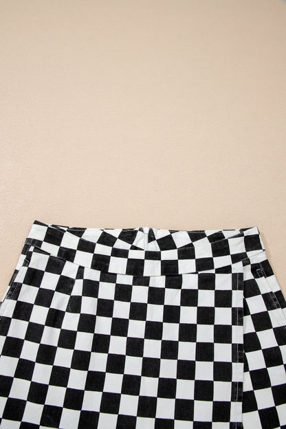 Checker Denim Pocketed Overlap Skort