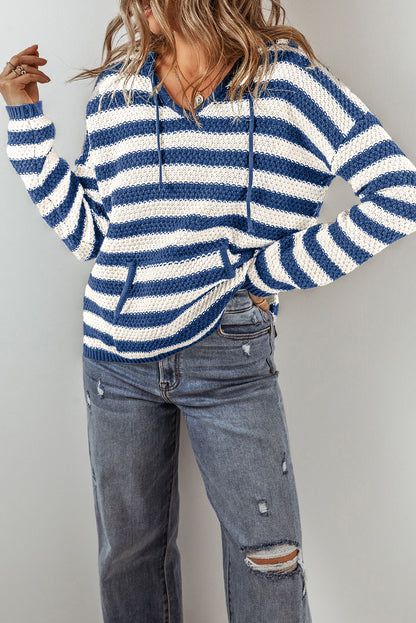 Stripe Drawstring Hooded V-Neck Sweater