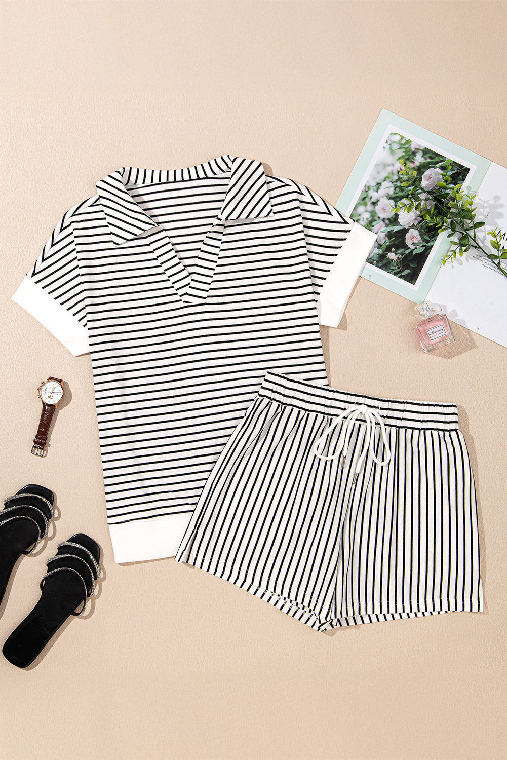 Stripe Collared V-Neck Tee & Shorts Set