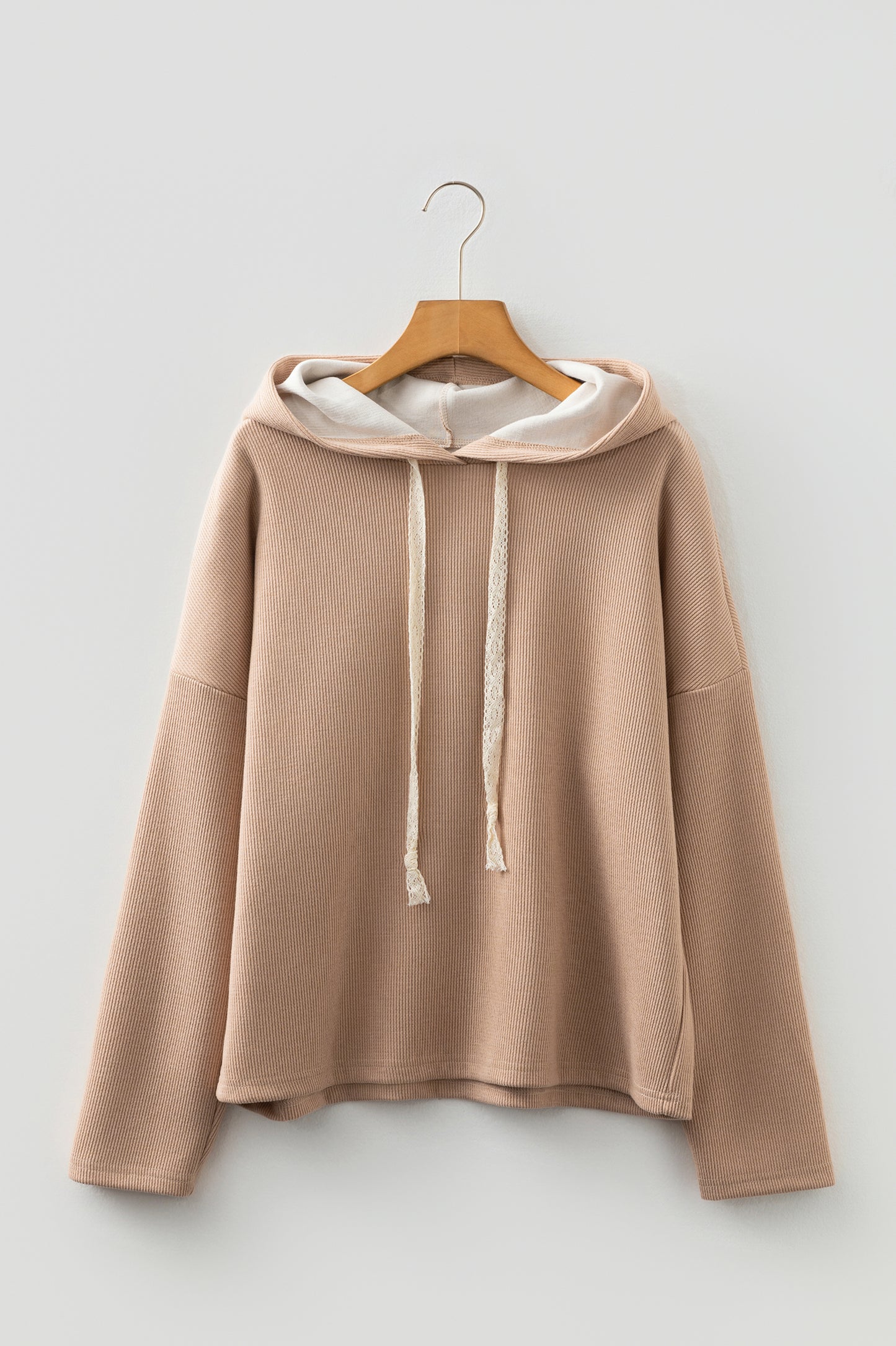 Ribbed Knit Leopard & Lace Drawstring Hoodie