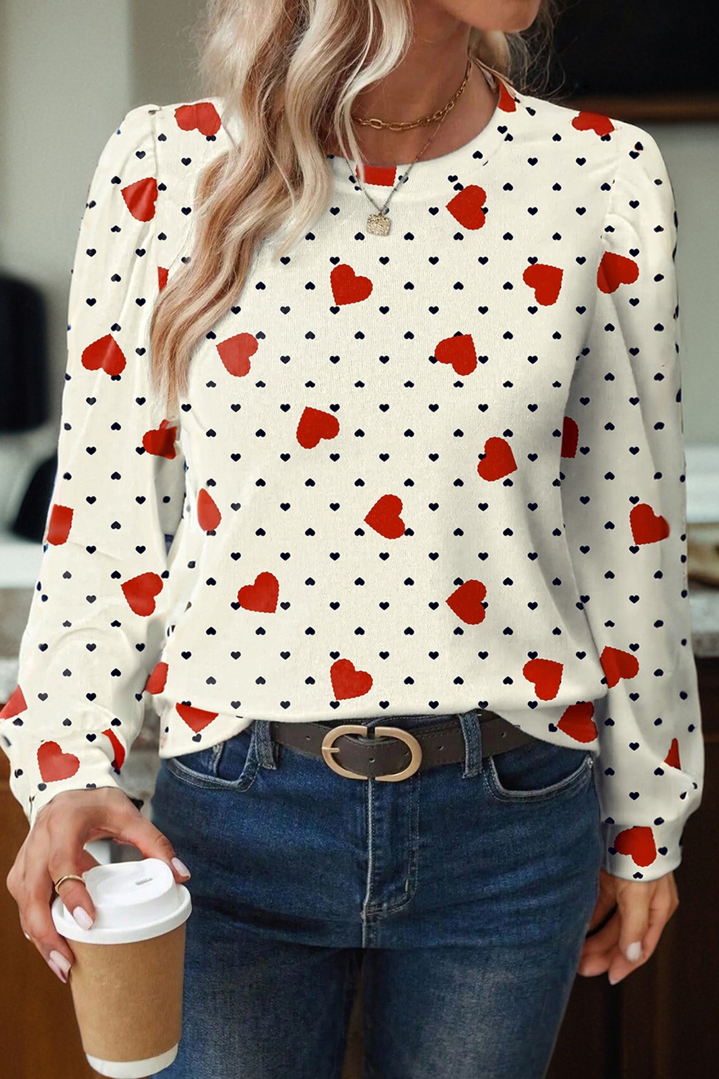 Valentine Heart & Flower Checker Long Sleeve Blouse