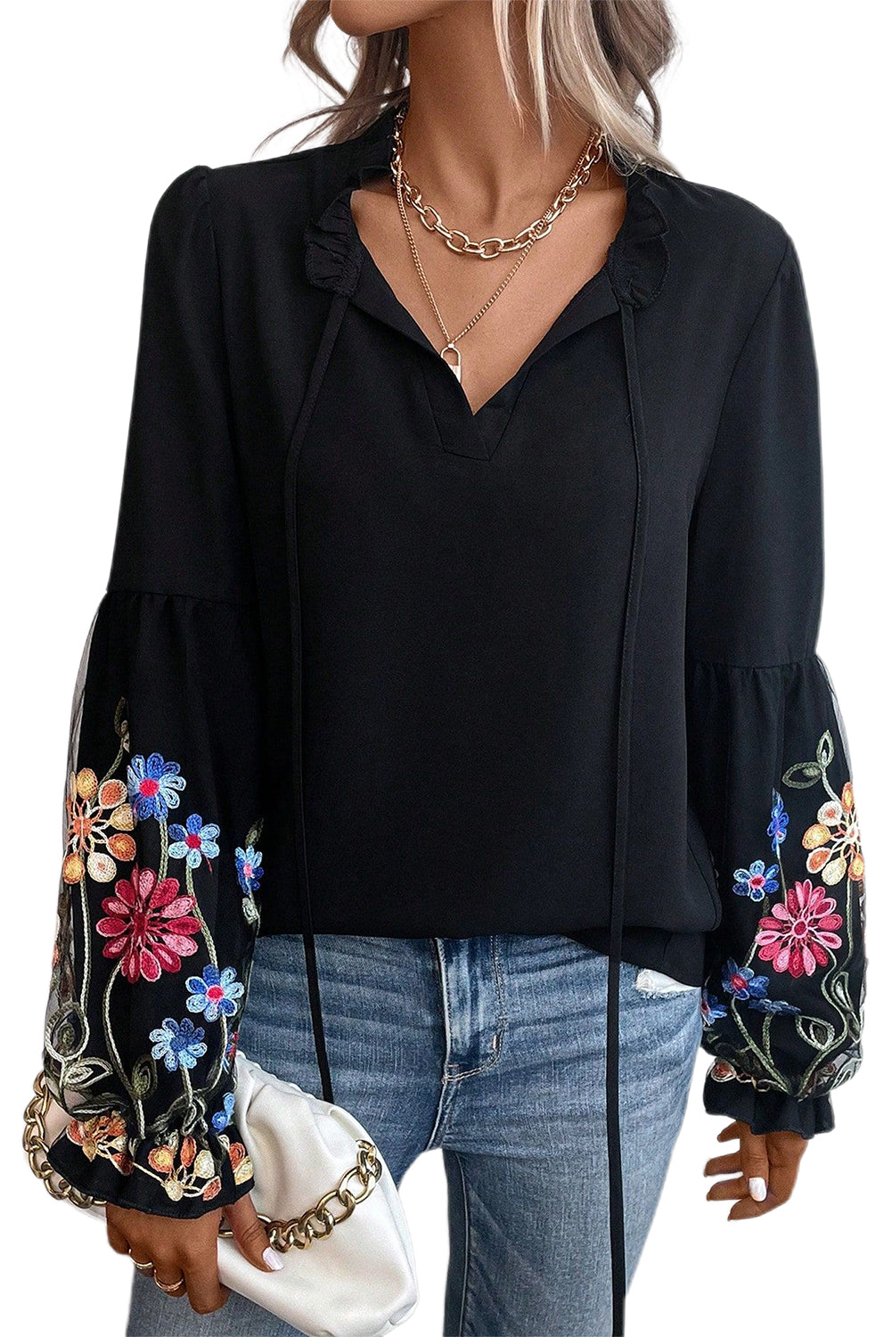 Floral Embroidered Flounce Sleeve Blouse