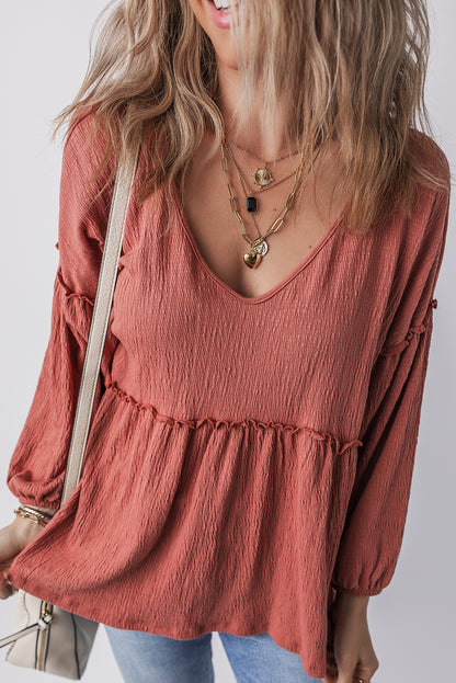 Textured V-Neck Puff Sleeve Blouse