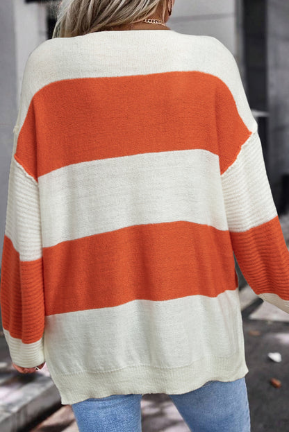 Stripe Ribbed Patchwork V-Neck Sweater