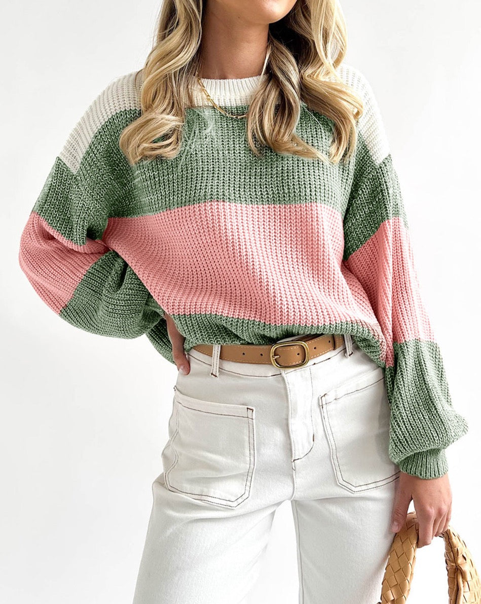 Colorblock Striped Bishop Sleeve Sweater