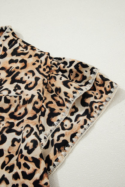 Plus Size Leopard Embroidered Ruffle Short Sleeve Blouse