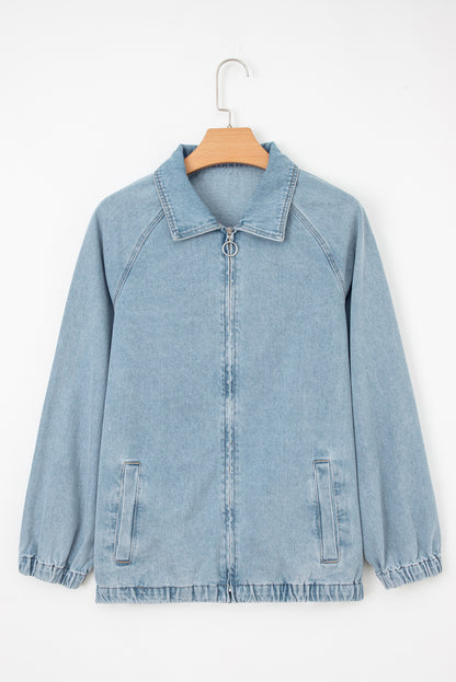 Denim Collared Zip-Up Elastic Edge Pocketed Jacket