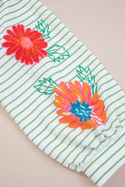 Floral Stripe Puff Sleeve Notched V-Neck Blouse