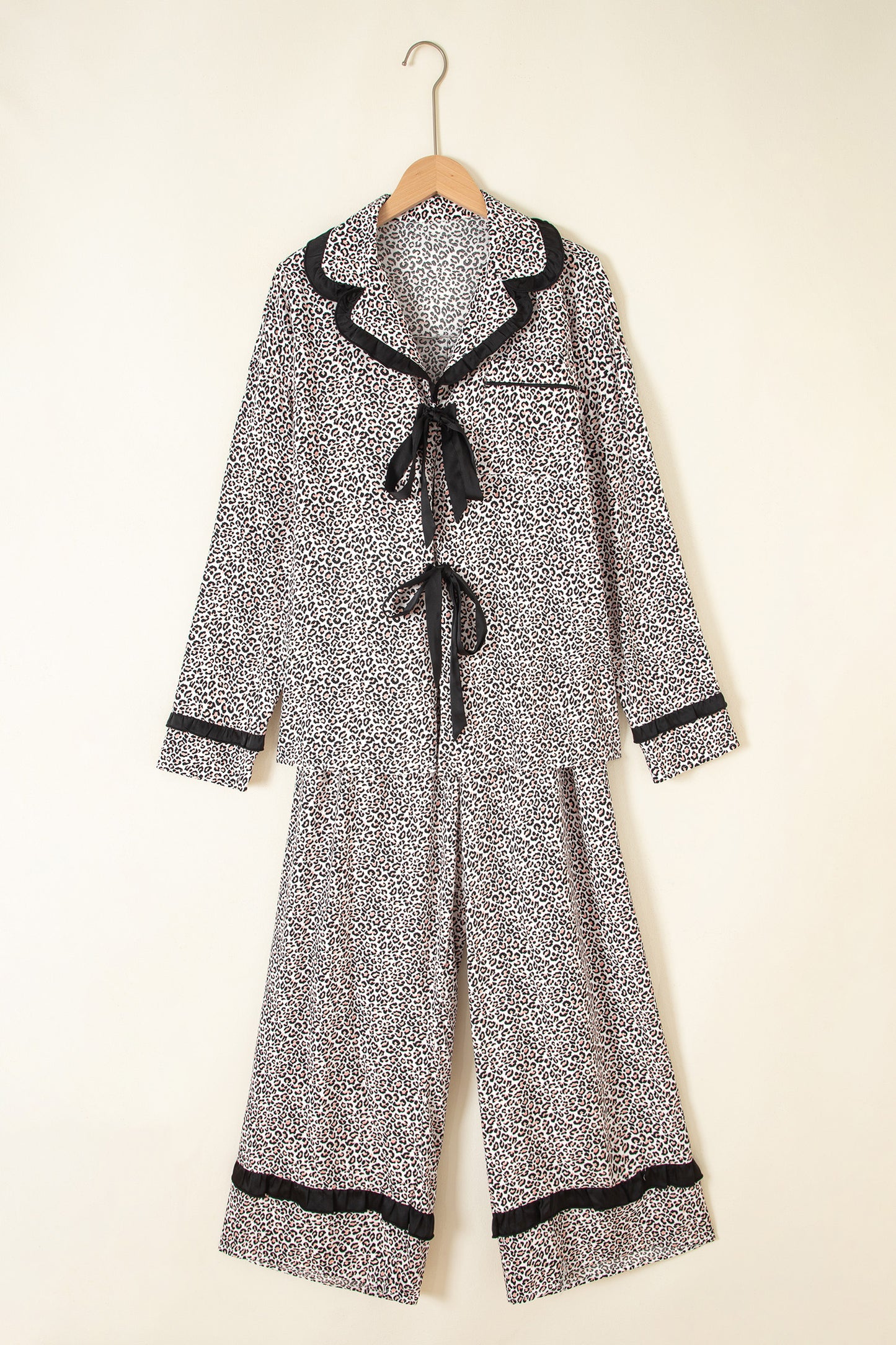 Leopard Bow Long Sleeve Top & Pants Pajama Set