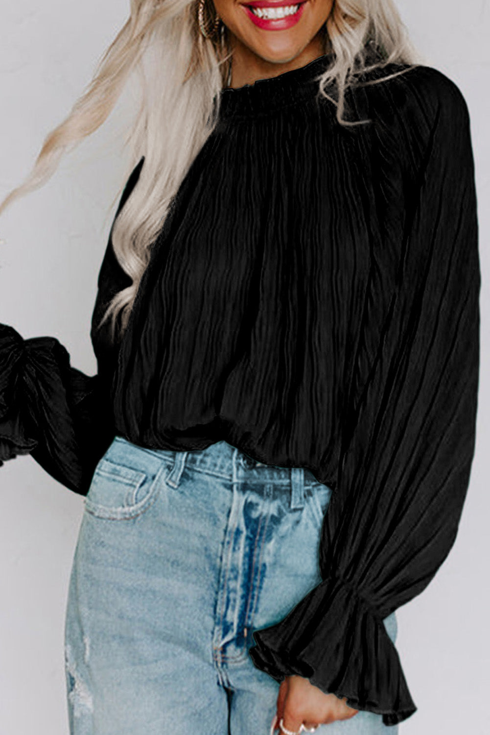 Pleated Flared Long Sleeve Blouse