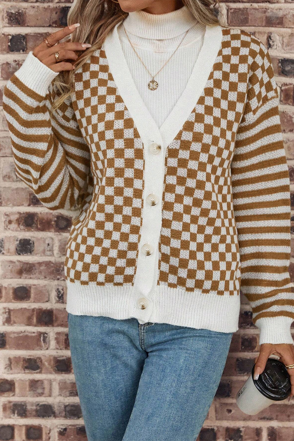 Checker Stripe Patchwork V-Neck Cardigan