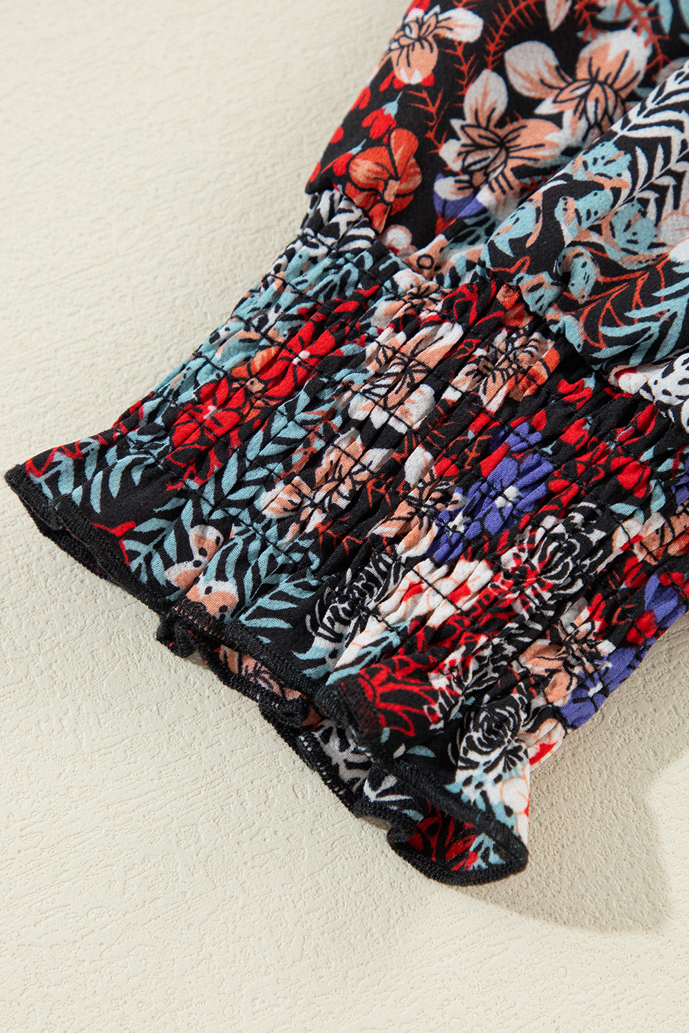 Floral Patchwork Ruffle Tiered Sleeve Crewneck Blouse