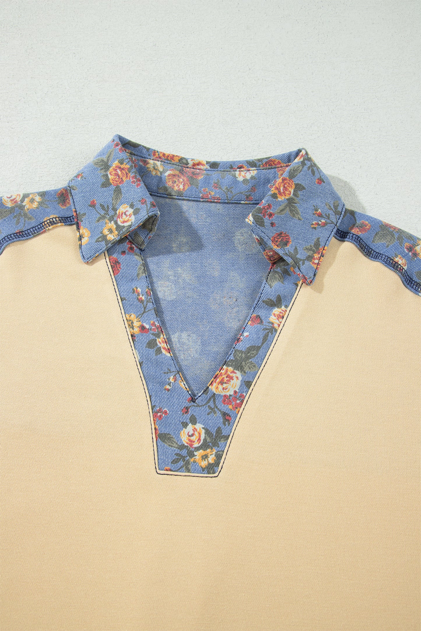 Floral Denim Patchwork Collared V-Neck Long Sleeve Top