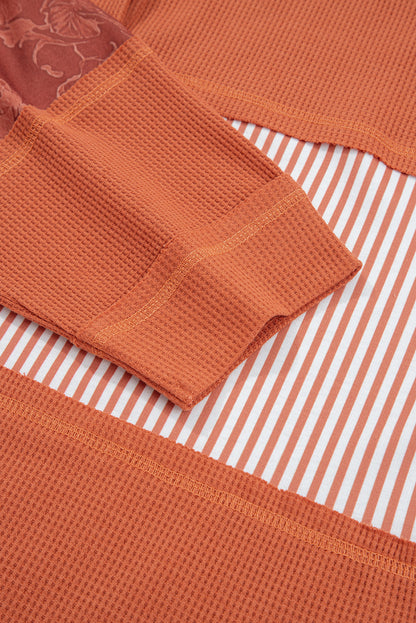 Stripe Waffle Patchwork Hooded Long Sleeve Top