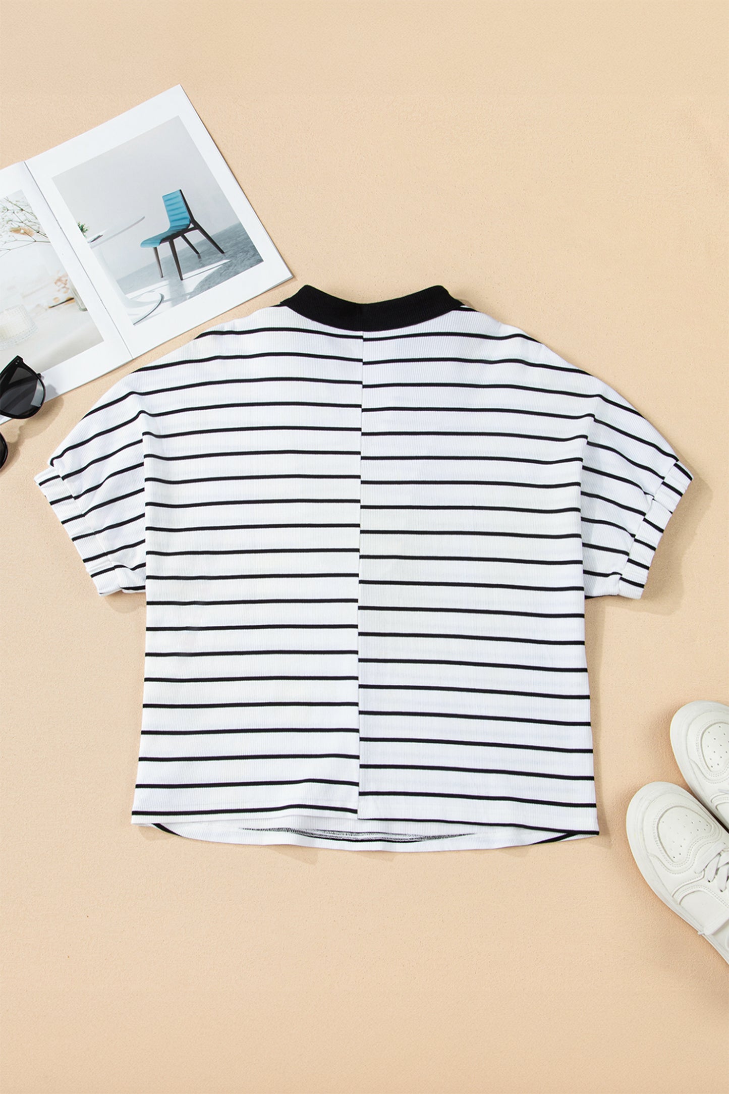 Stripe Stand Collar V-Neck Dolman Sleeve Top