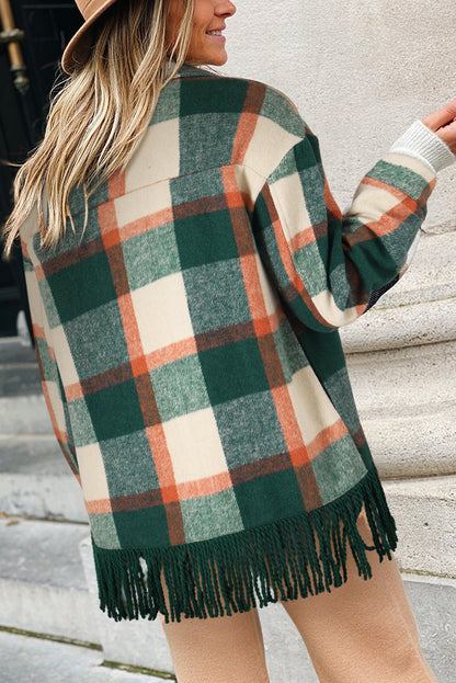 Plaid Pocket Fringed Hem Jacket