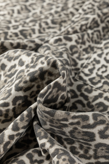 Leopard Denim Raw Hem Elastic Waist Loose Jeans