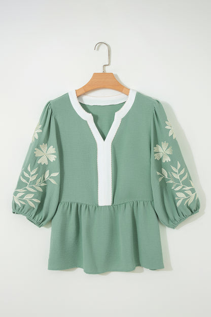 Floral Embroidered Colorblock Puff Sleeve Babydoll Blouse