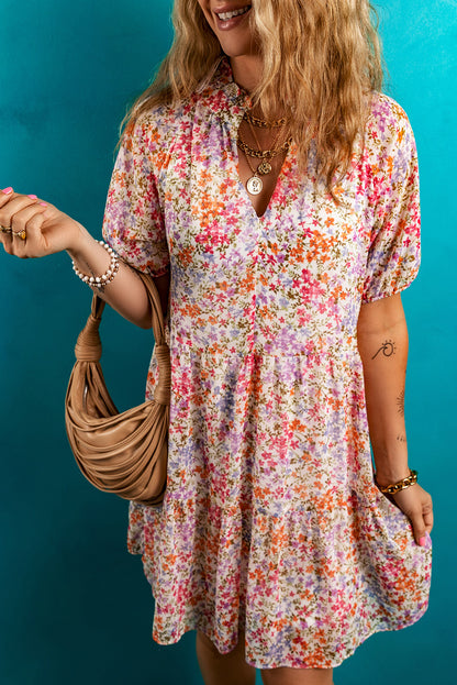 Floral Puff Sleeve V-Neck Tiered Mini Dress