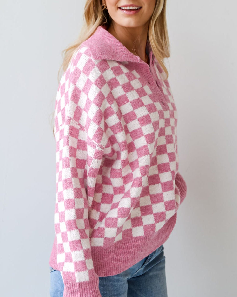 Checker Buttoned Collar Sweater