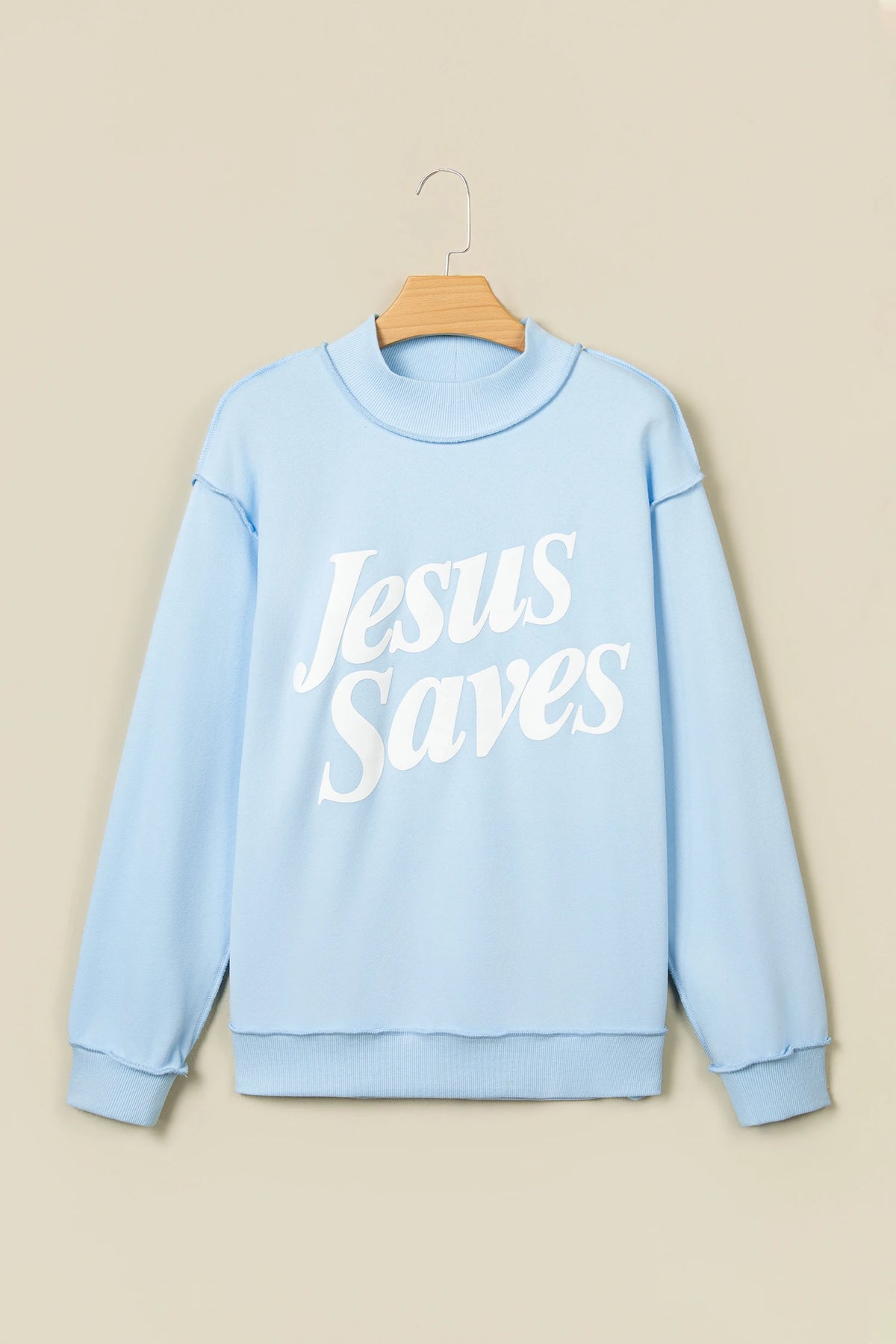 Jesus Saves Graphic Print Mock Neck Sweatshirt