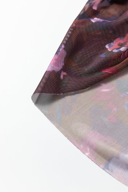 Floral Mesh Turtleneck Long Sleeve Ruched Top