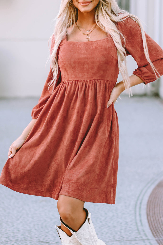 Suede Shirred Puff Sleeve Dress
